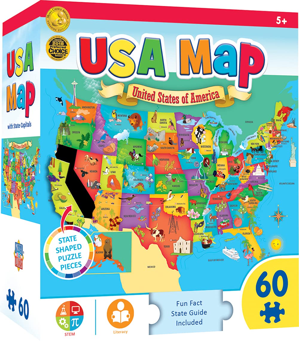 MasterPieces 60-Piece USA Map State-Shaped Puzzle for Kids – 16.5 x 12.75