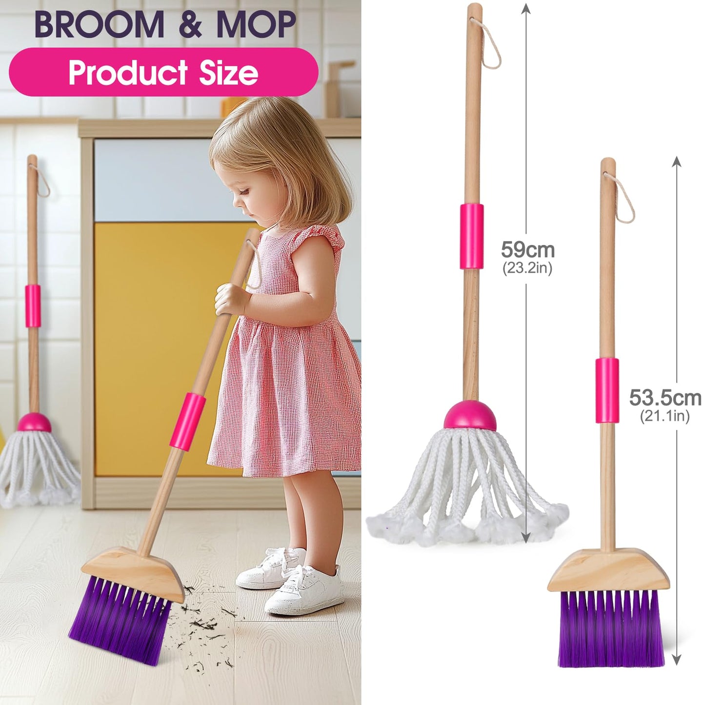 Masthome 8-Piece Kids Cleaning Set | Wooden Pretend Play Toys for Toddlers