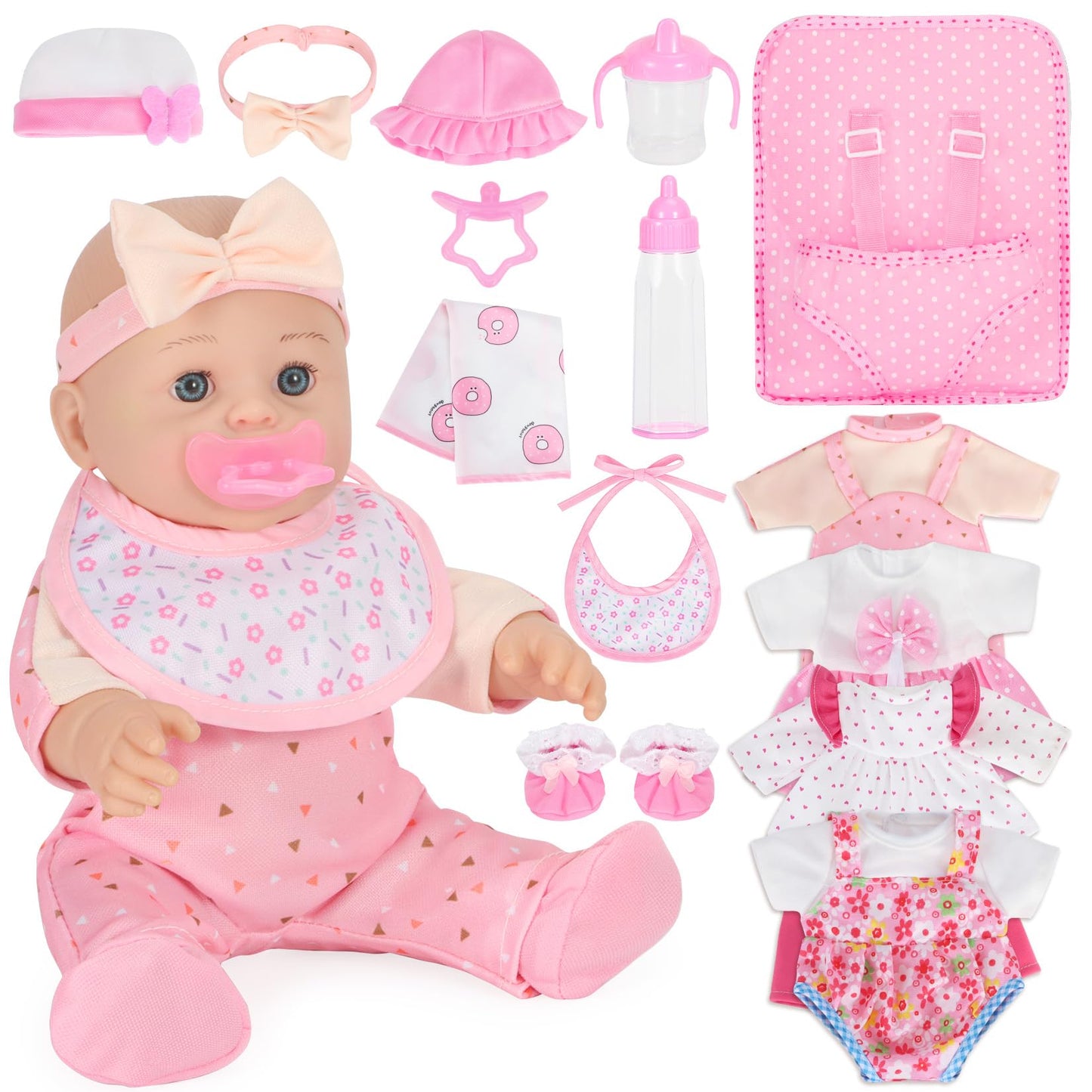 Mastom 12'' Baby Doll Playset with 4 Outfits & Backpack – Realistic Doll for Toddlers 3+