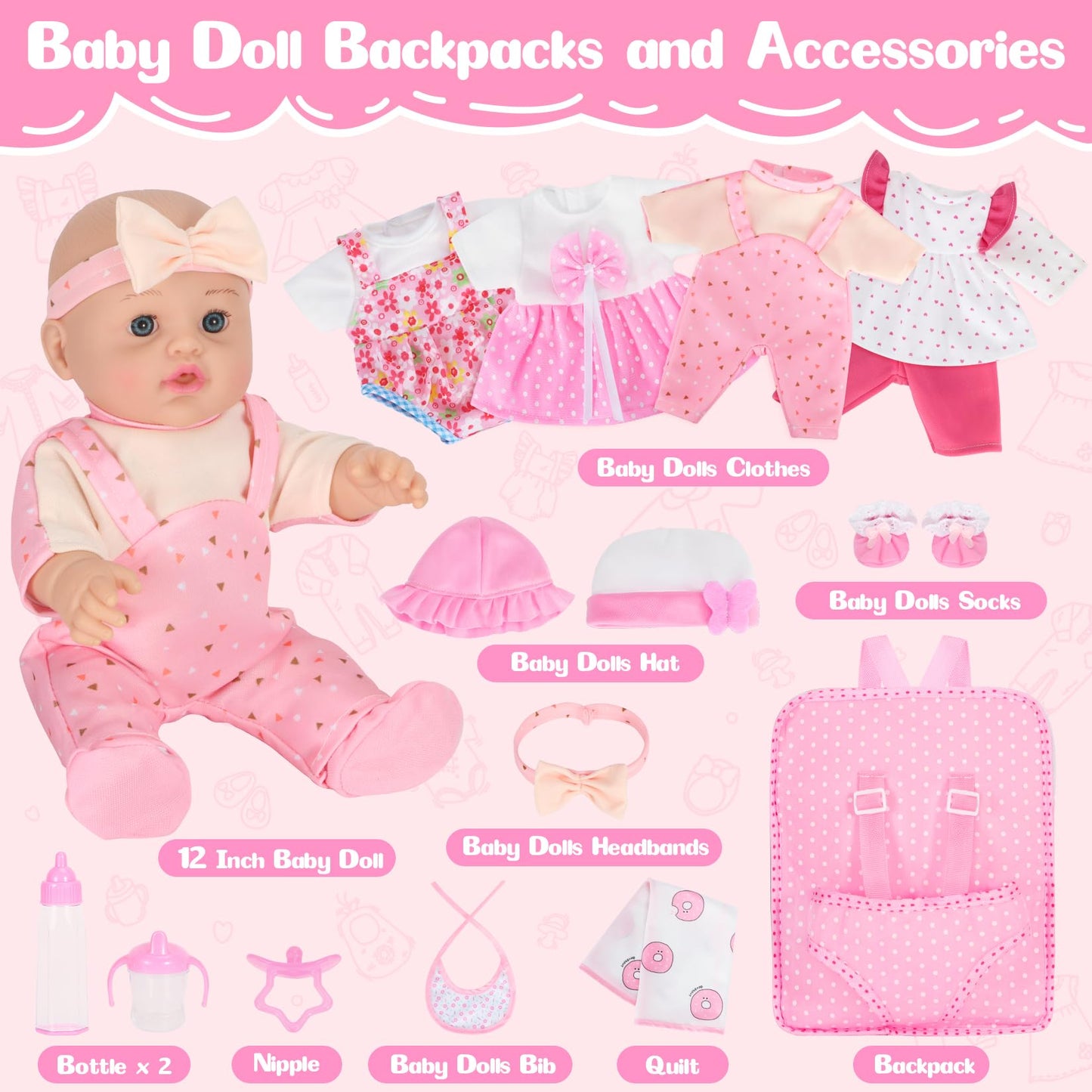 Mastom 12'' Baby Doll Playset with 4 Outfits & Backpack – Realistic Doll for Toddlers 3+