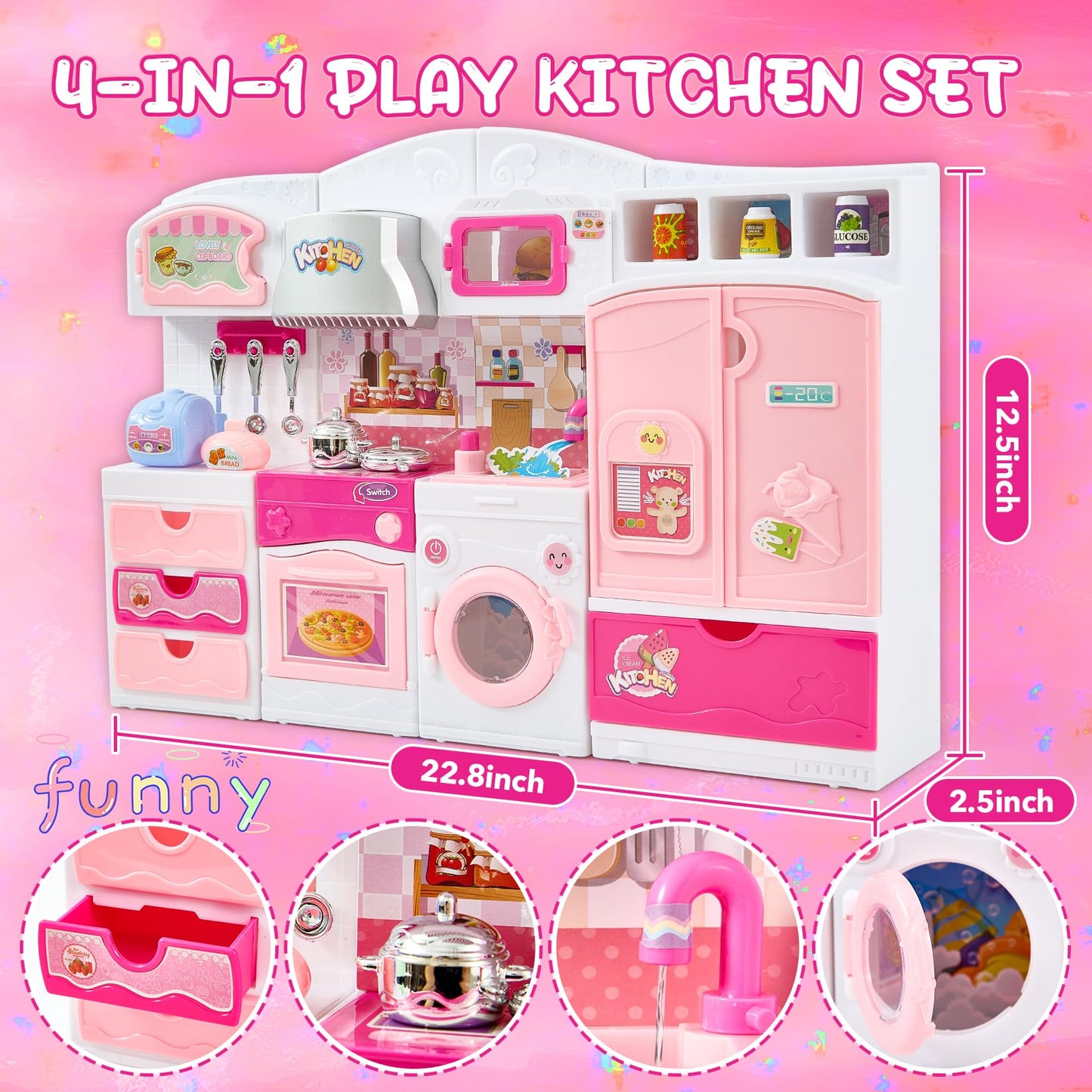 Mastom Kids Kitchen Playset with Lights & Sounds – Pink Pretend Kitchen for 3–8 Year Old Girls, Doll House Compatible