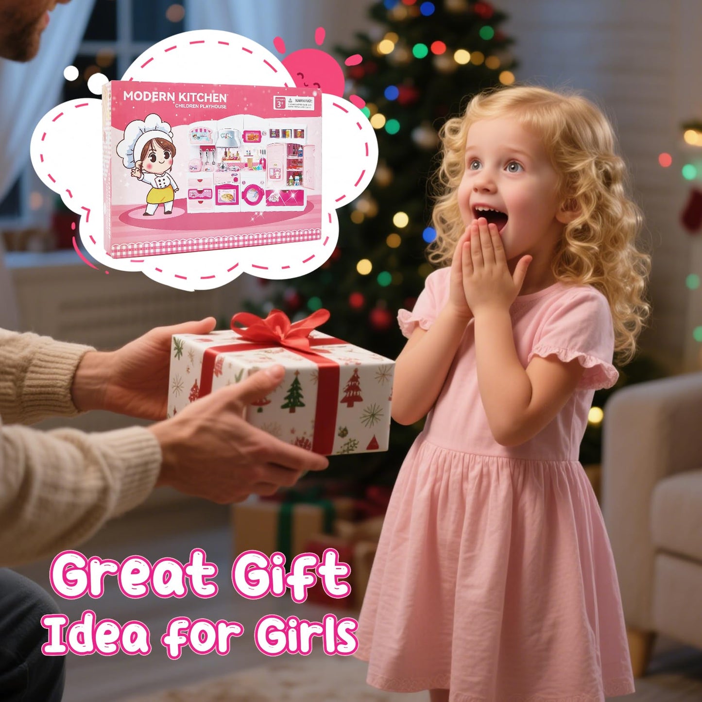 Mastom Kids Kitchen Playset with Lights & Sounds – Pink Pretend Kitchen for 3–8 Year Old Girls, Doll House Compatible