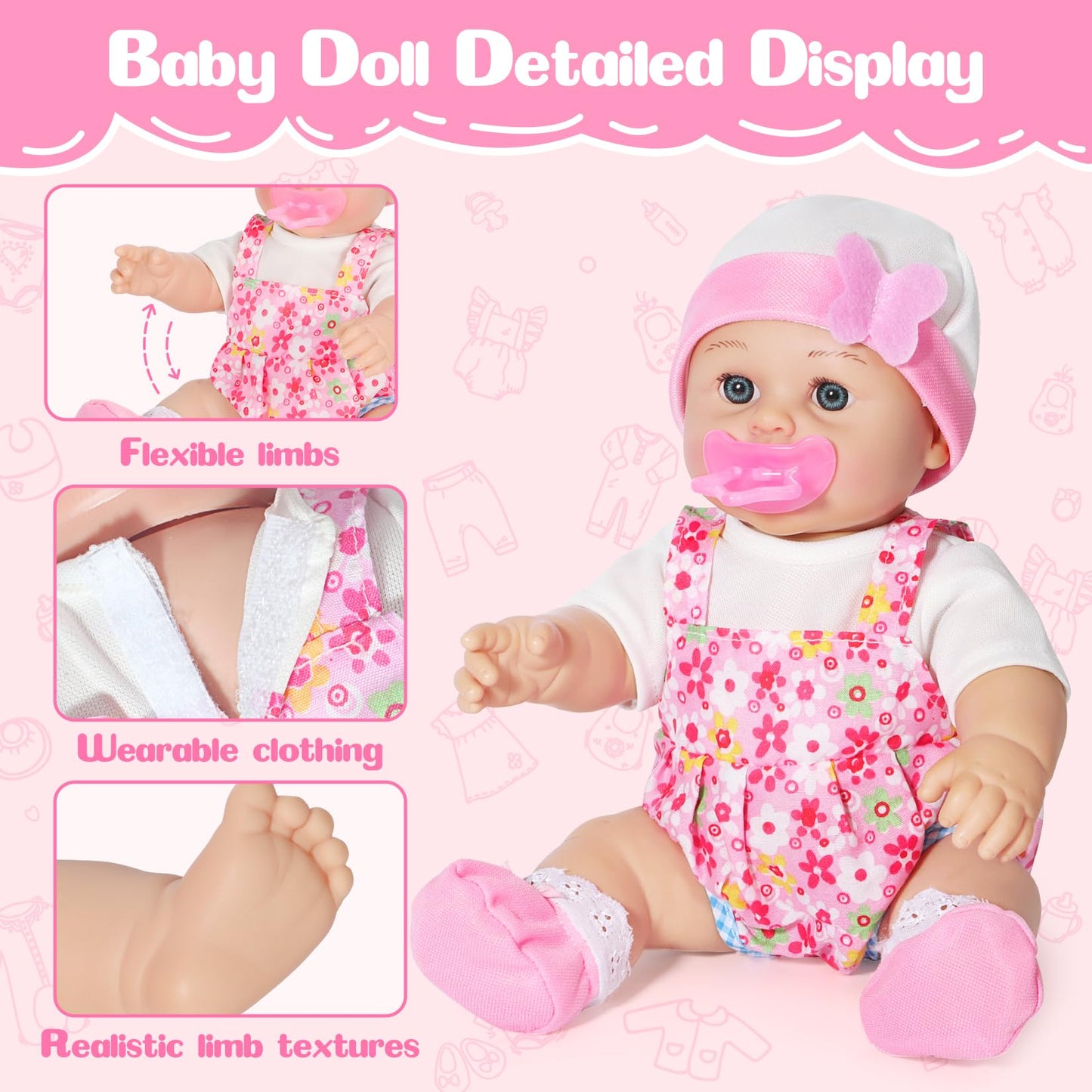 Mastom 12'' Baby Doll Playset with 4 Outfits & Backpack – Realistic Doll for Toddlers 3+