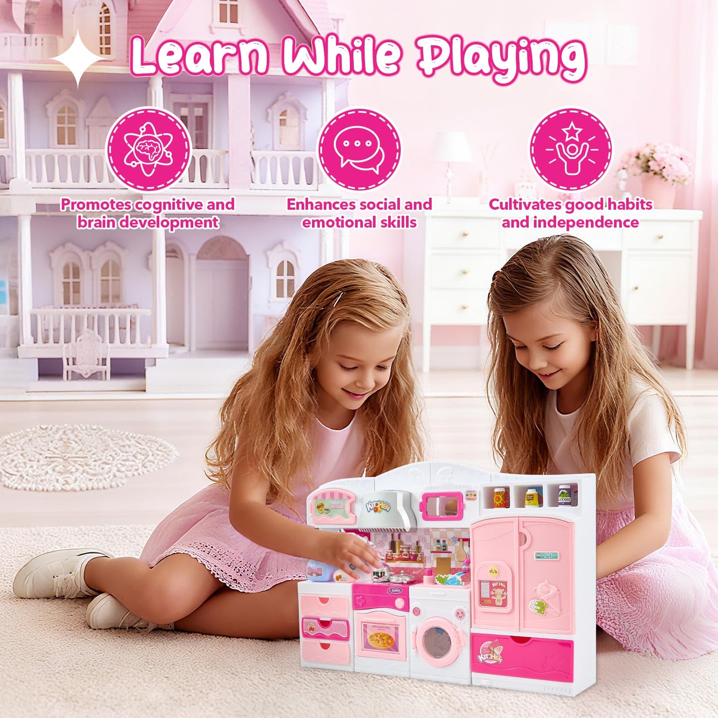 Mastom Kids Kitchen Playset with Lights & Sounds – Pink Pretend Kitchen for 3–8 Year Old Girls, Doll House Compatible