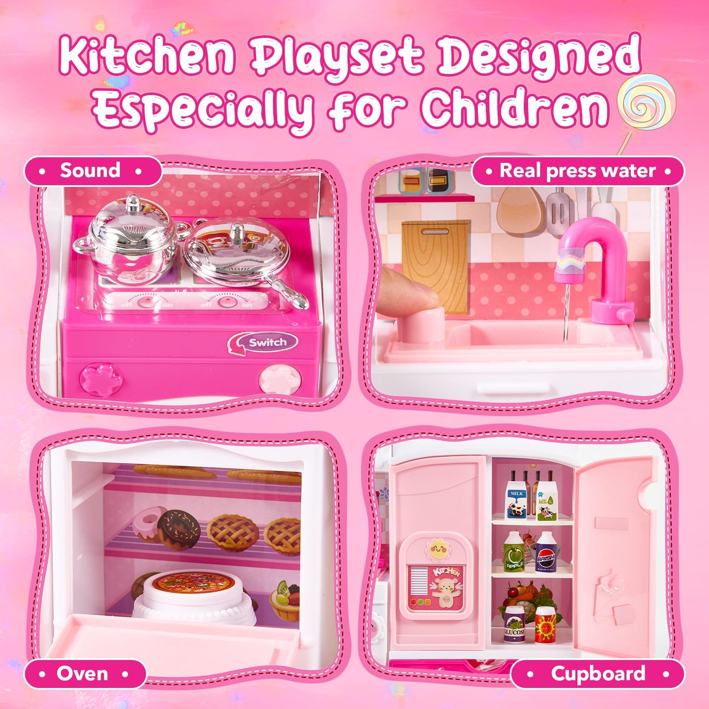 Mastom Kids Kitchen Playset with Lights & Sounds – Pink Pretend Kitchen for 3–8 Year Old Girls, Doll House Compatible