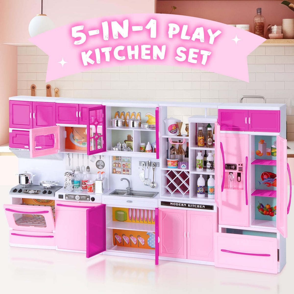 Mastom Kitchen Playset for Girls – 56-Piece Doll Kitchen Toys with Realistic Lights & Sounds