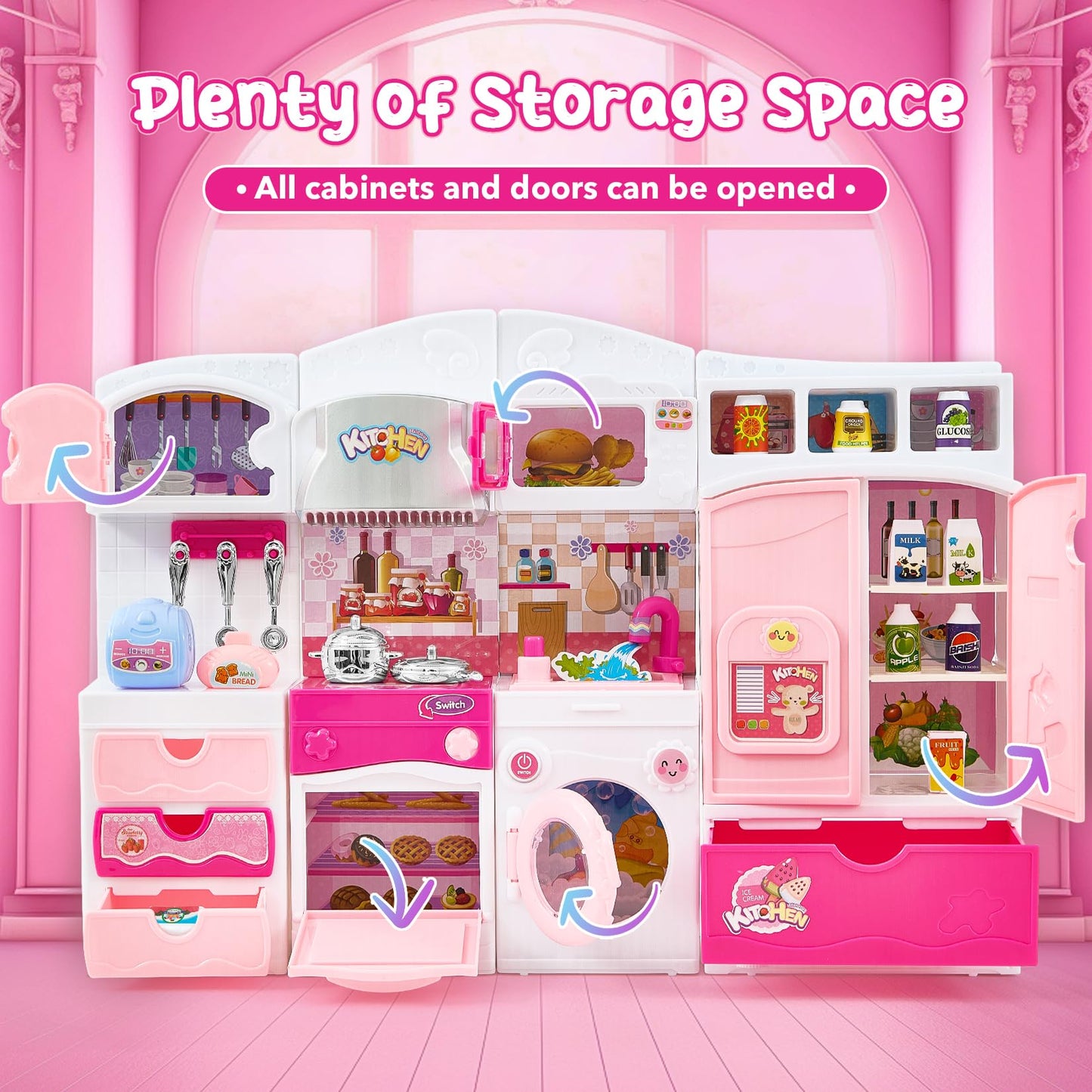 Mastom Kids Kitchen Playset with Lights & Sounds – Pink Pretend Kitchen for 3–8 Year Old Girls, Doll House Compatible