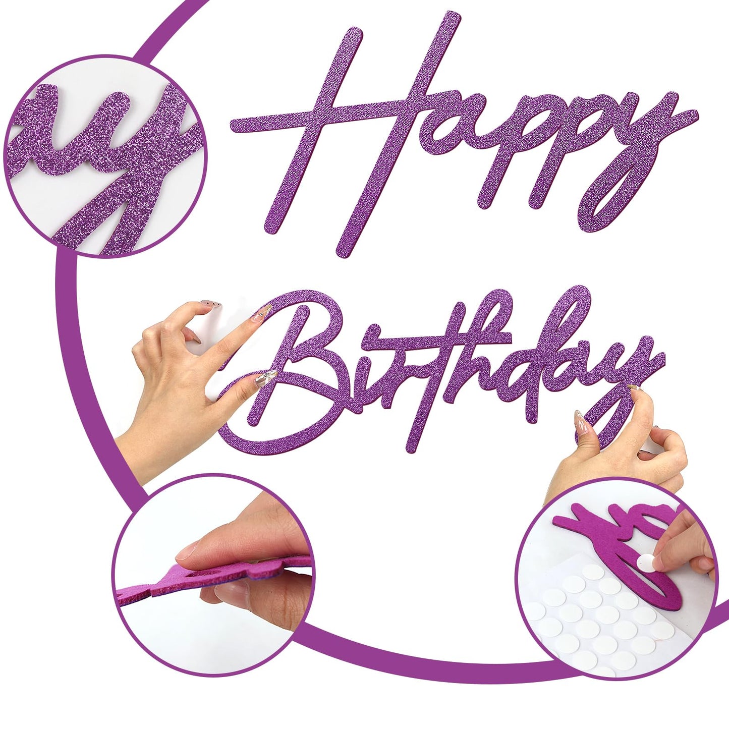 MASTRON Happy Birthday Sign for Backdrop - Glitter Purple Felt Letters for Balloon Arch Decor