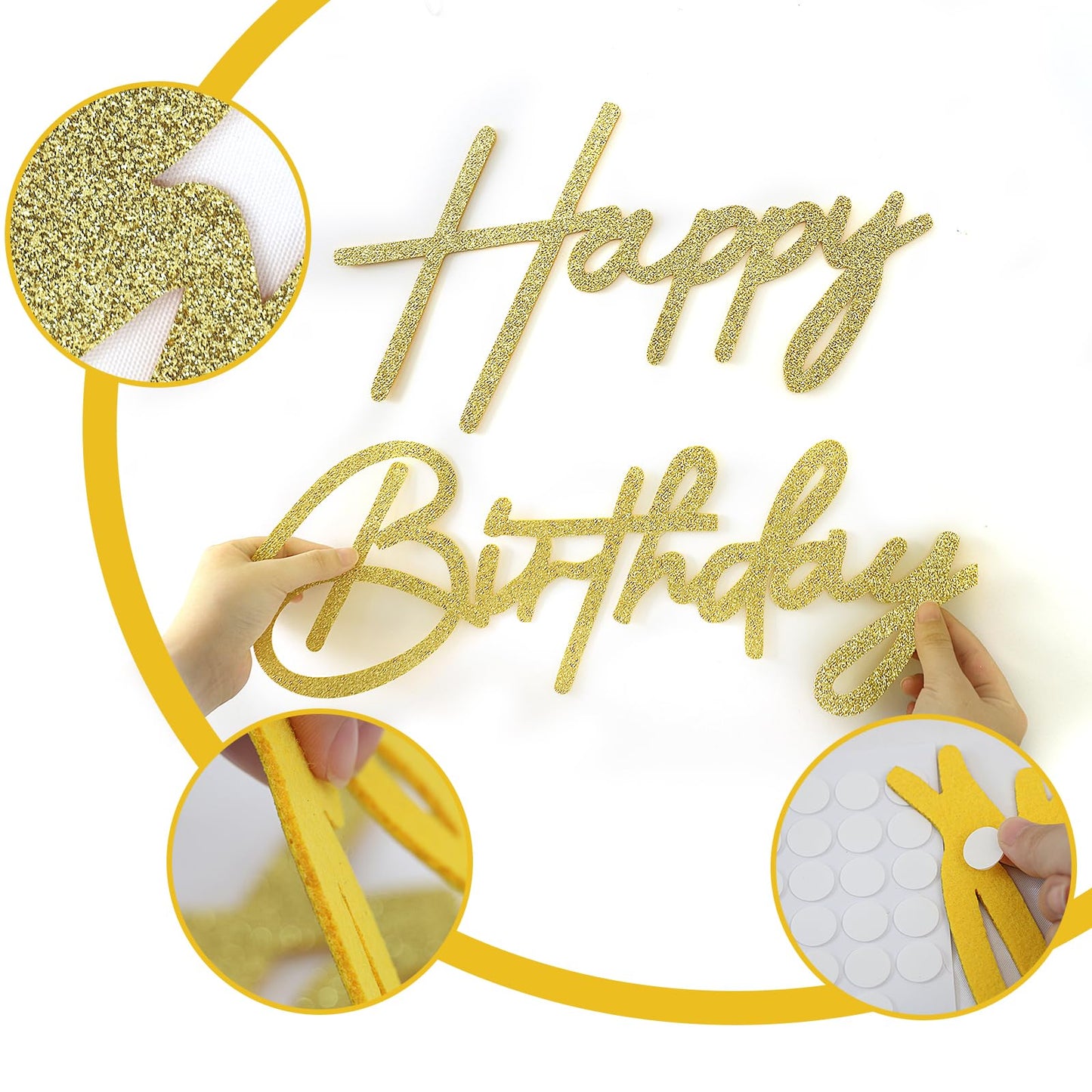 MASTRON Glitter Gold Happy Birthday Sign for Backdrop – Felt Letters for Balloon Arch & Party Decor