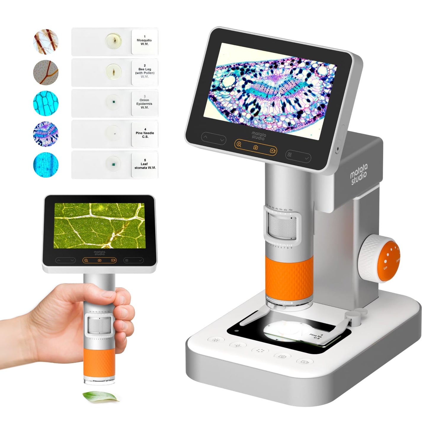 MatataStudio MX2-AS Microscope for Kids – 2-in-1 Handheld & Stand, 1600X, 4.3-inch LCD, Educational Microscope Kit