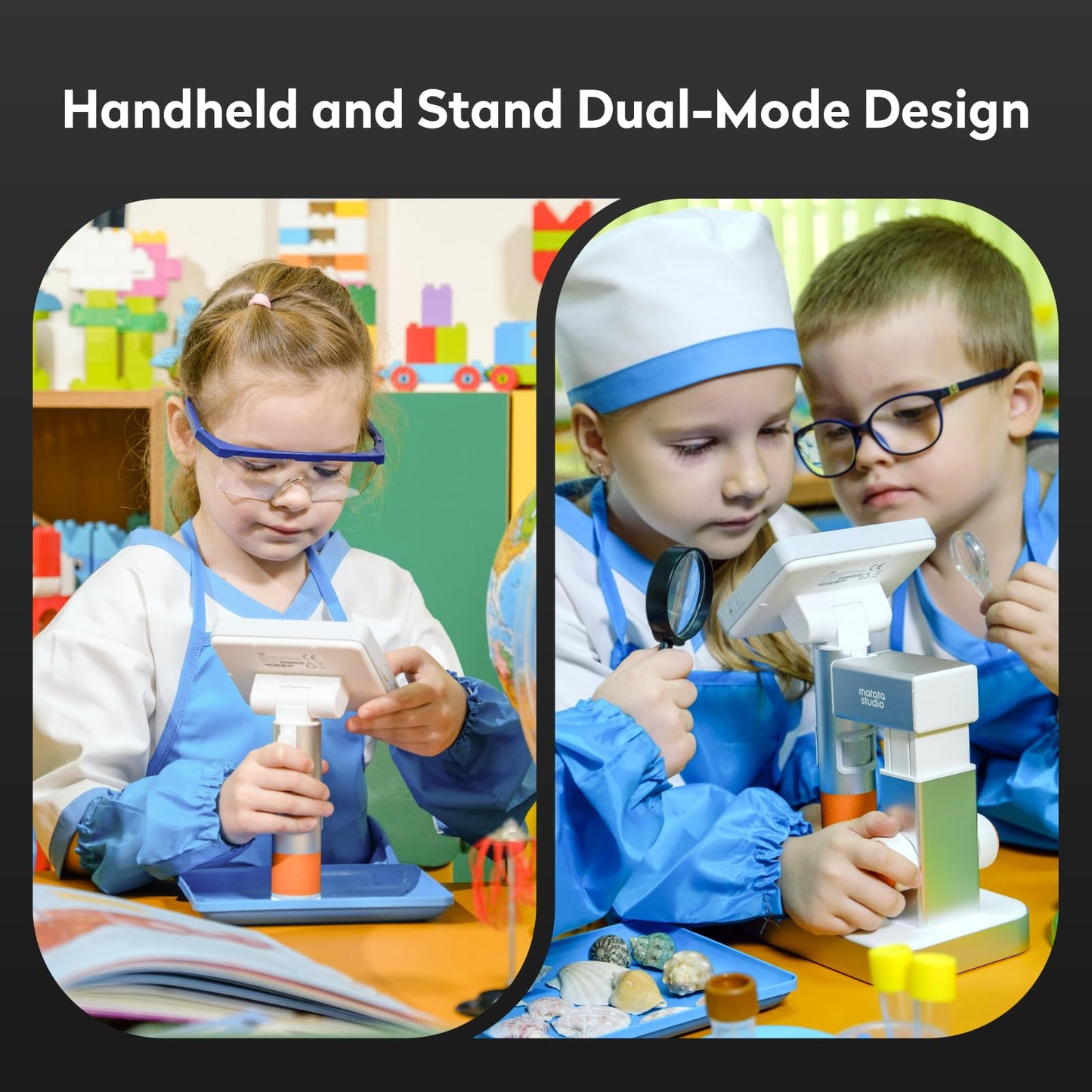 MatataStudio MX2-AS Microscope for Kids – 2-in-1 Handheld & Stand, 1600X, 4.3-inch LCD, Educational Microscope Kit