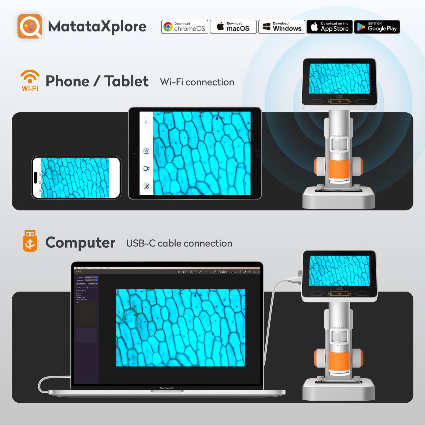 MatataStudio MX2-AS Microscope for Kids – 2-in-1 Handheld & Stand, 1600X, 4.3-inch LCD, Educational Microscope Kit