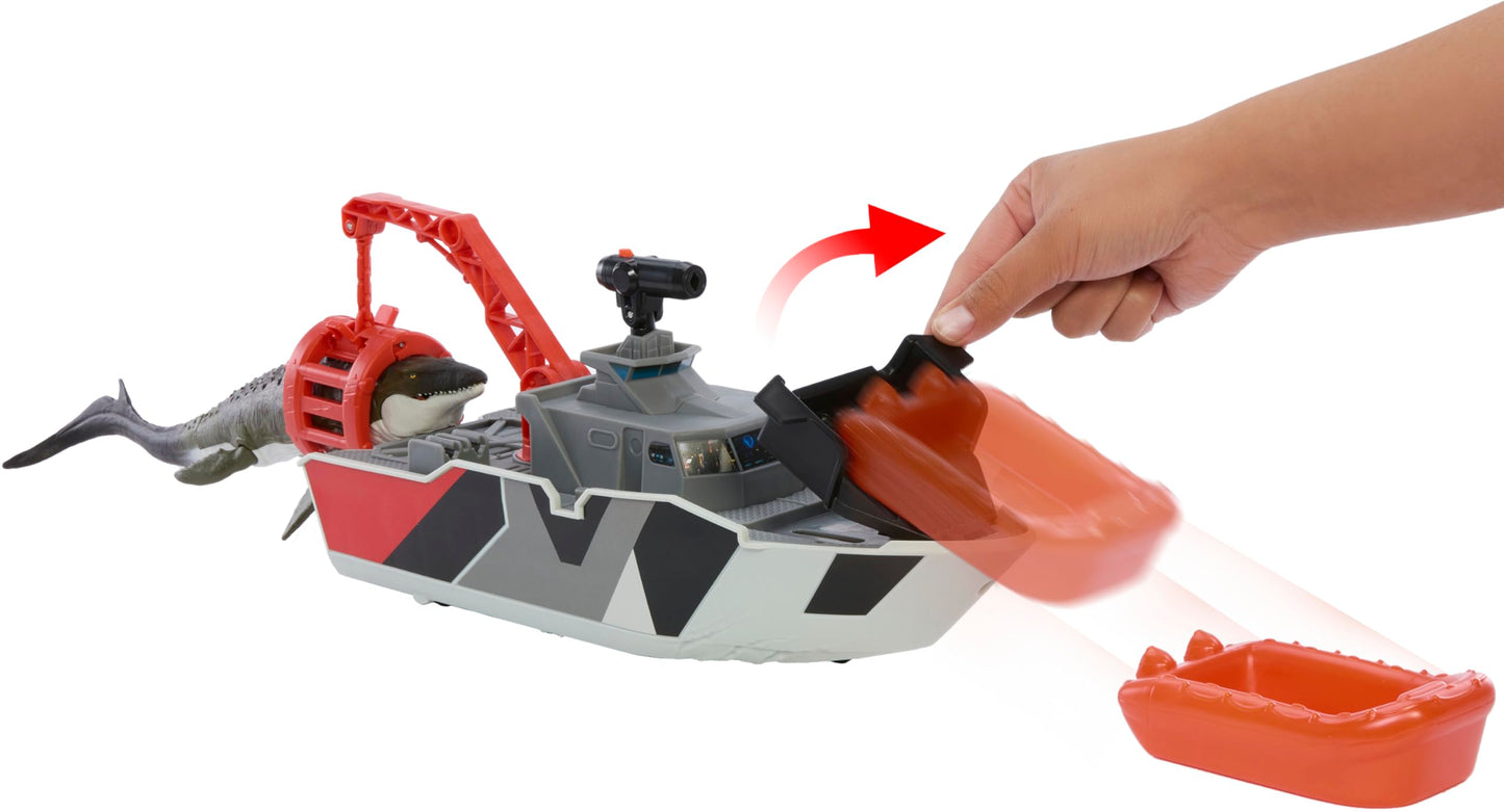 Matchbox Jurassic World Mosasaurus Rescue Action Boat – 1:64 Jeep, Detachable Rescue Boat