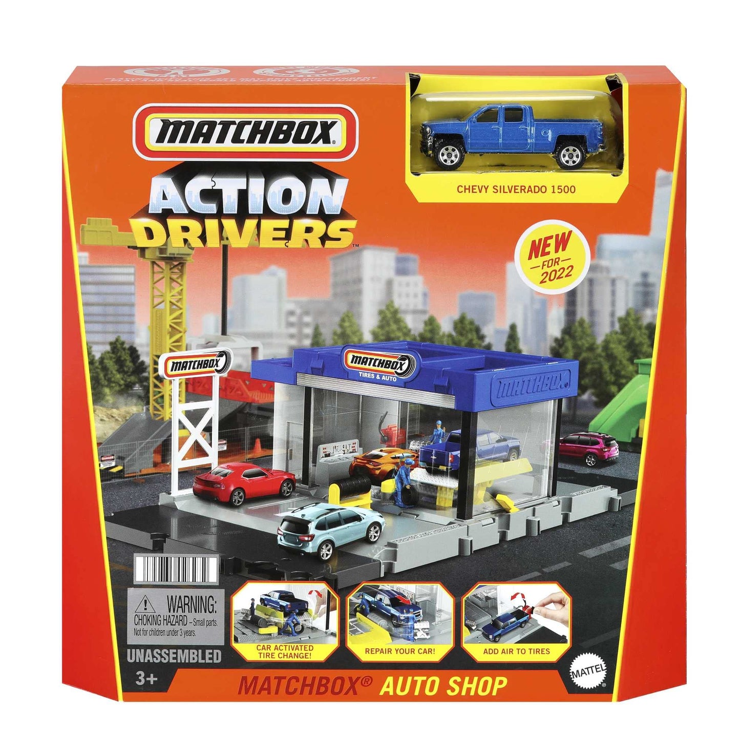 Matchbox Action Drivers Auto Shop Playset – 1 Chevy Silverado, Moving Parts & Figures