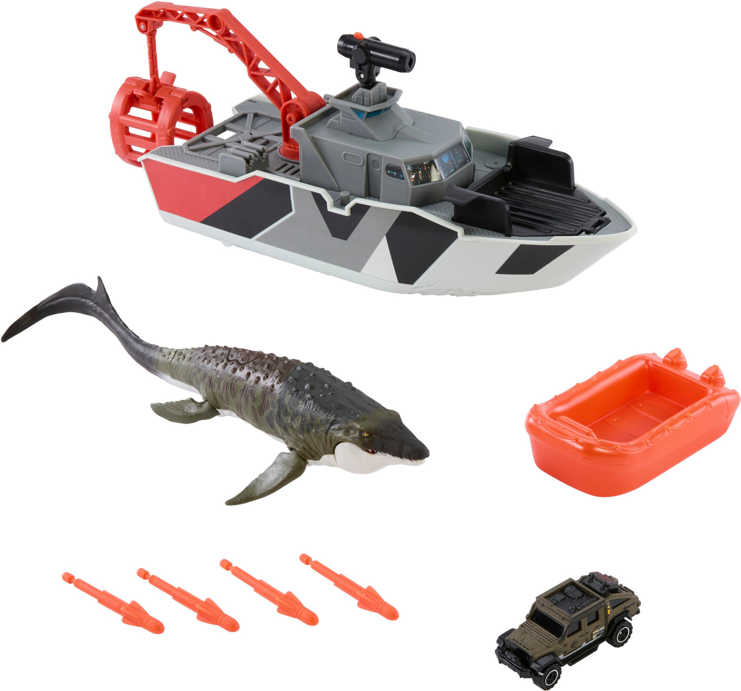 Matchbox Jurassic World Mosasaurus Rescue Action Boat – 1:64 Jeep, Detachable Rescue Boat