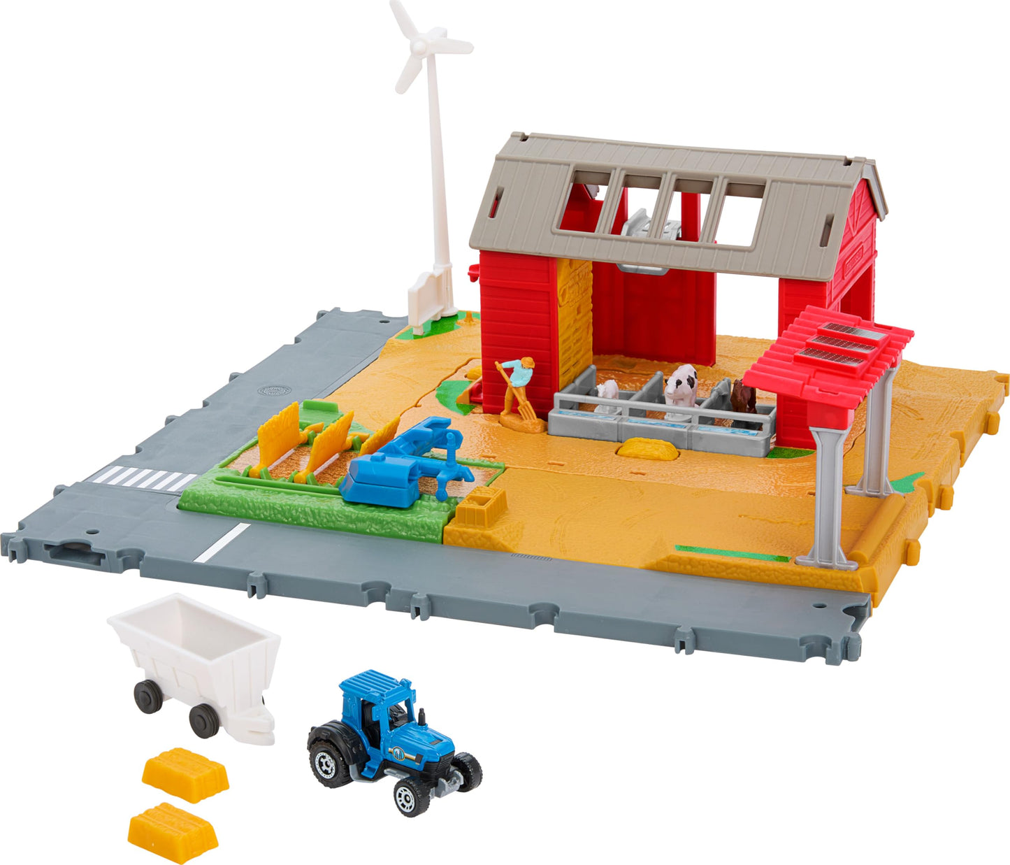 Matchbox Farm Adventure Playset - 1:64 Tractor, Trailer & Animals, 2 Hay Bales