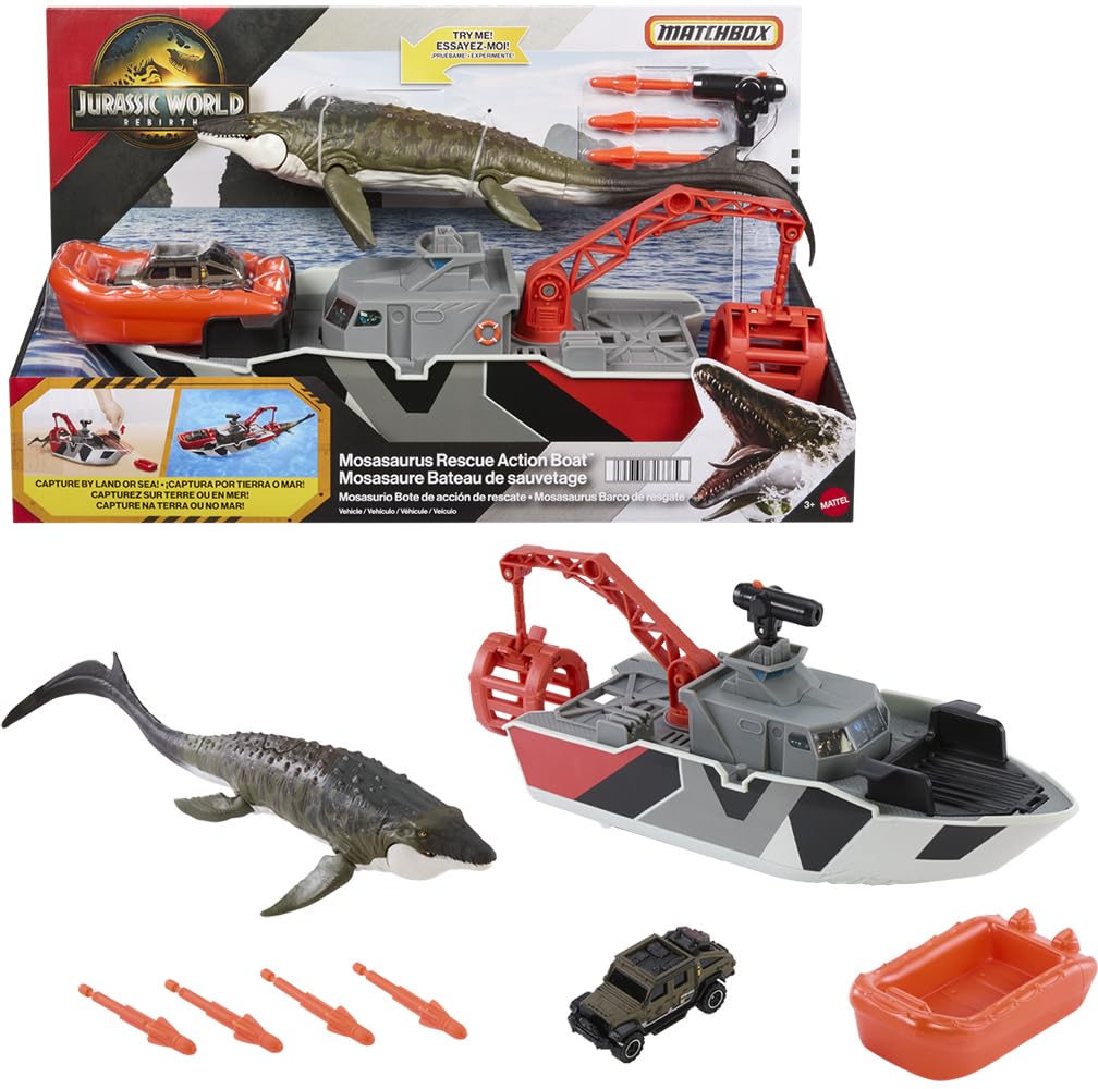 Matchbox Jurassic World Mosasaurus Rescue Action Boat – 1:64 Jeep, Detachable Rescue Boat
