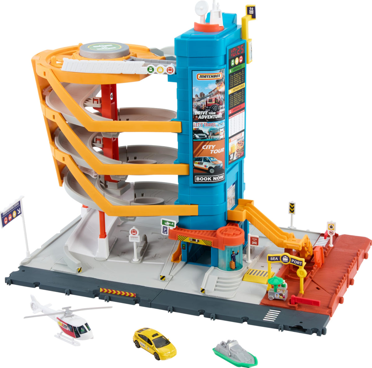 Matchbox Transportation Center – 5-Level Parking Garage with Helicopter, Boat & Taxi | 1:64 Vehicles