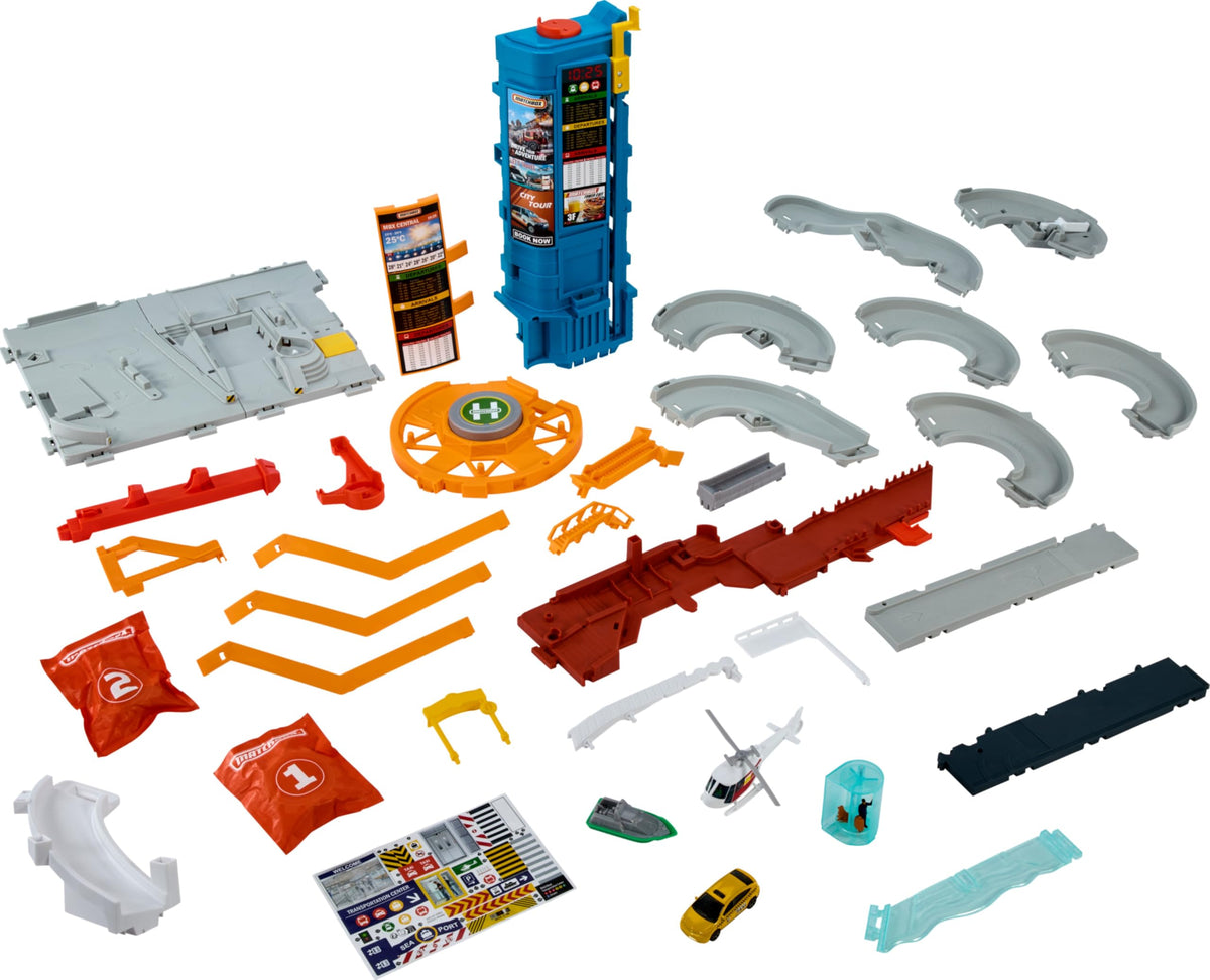 Matchbox Transportation Center – 5-Level Parking Garage with Helicopter, Boat & Taxi | 1:64 Vehicles
