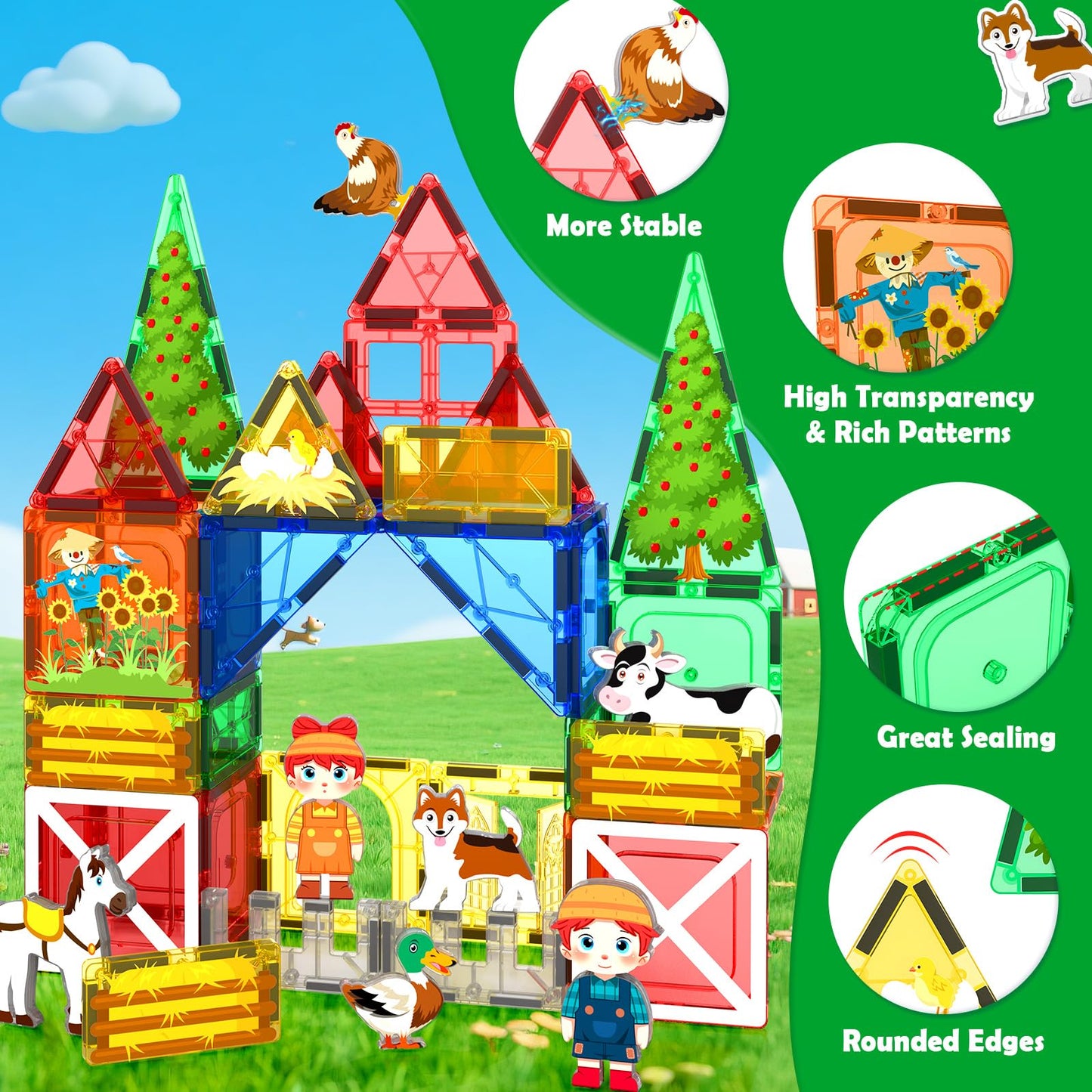 Matchtiles Magnetic Farm Animals Set – 3D Farm Building Blocks for Toddlers 3-5
