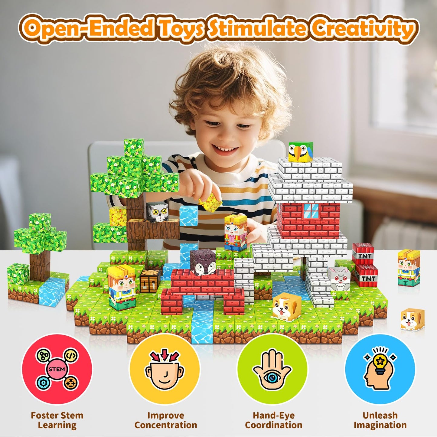 Matchtiles 100 PCS Magnetic Building Blocks – Mine World Forest Animals Set | STEM Toy for Kids Aged 3-8