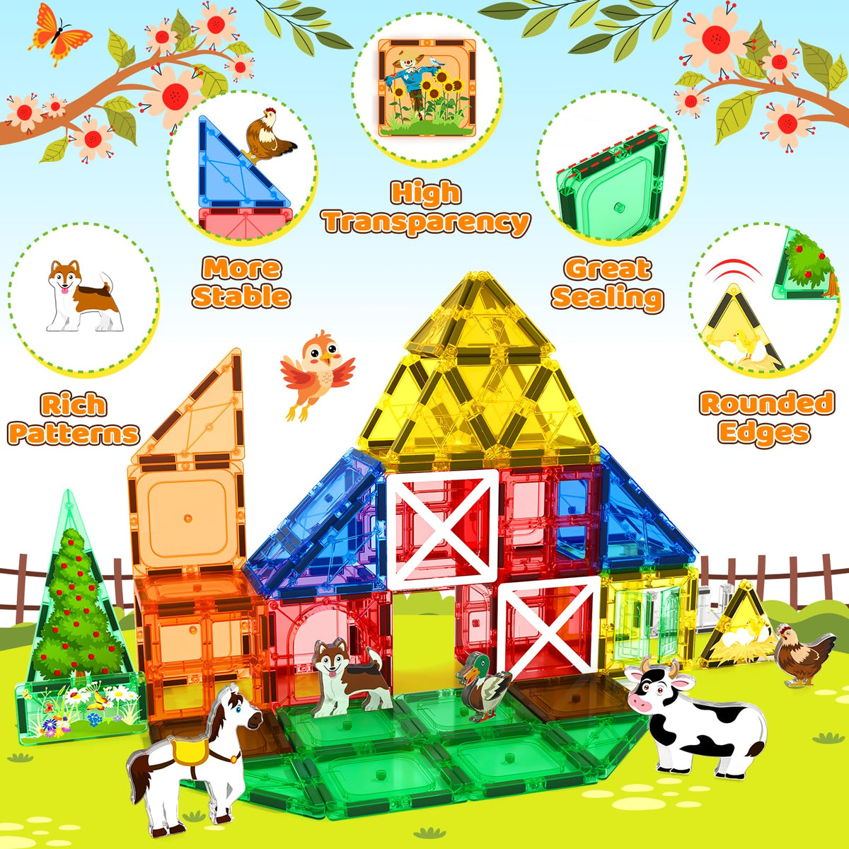 Matchtiles 105 PCS Magnetic Tiles — Farm Animals, STEM Building Toys for Kids 3+