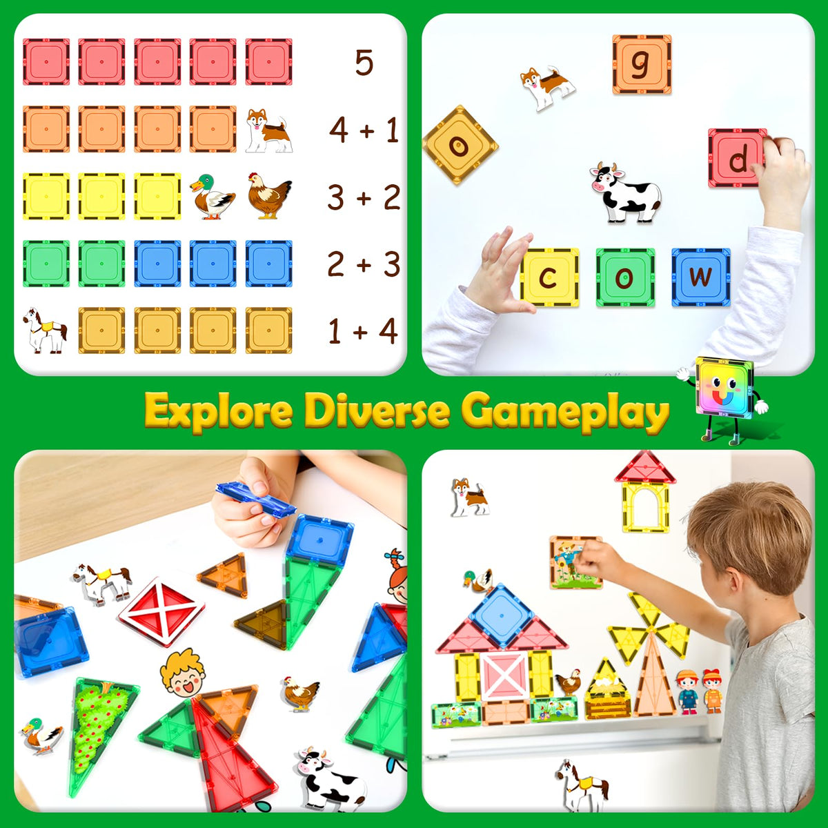 Matchtiles 105 PCS Magnetic Tiles — Farm Animals, STEM Building Toys for Kids 3+