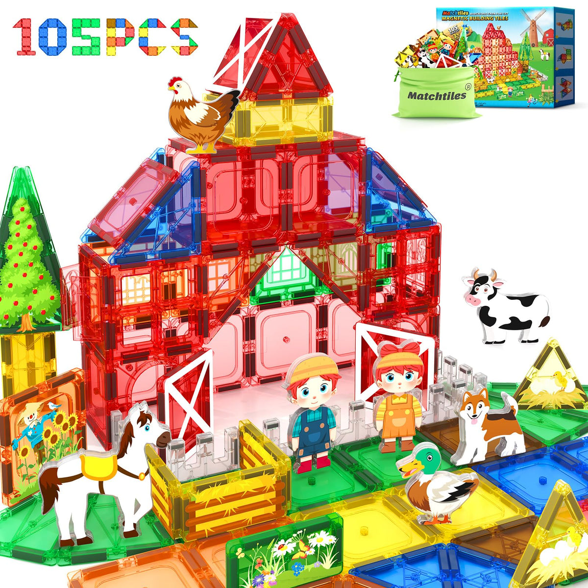 Matchtiles 105 PCS Magnetic Tiles — Farm Animals, STEM Building Toys for Kids 3+