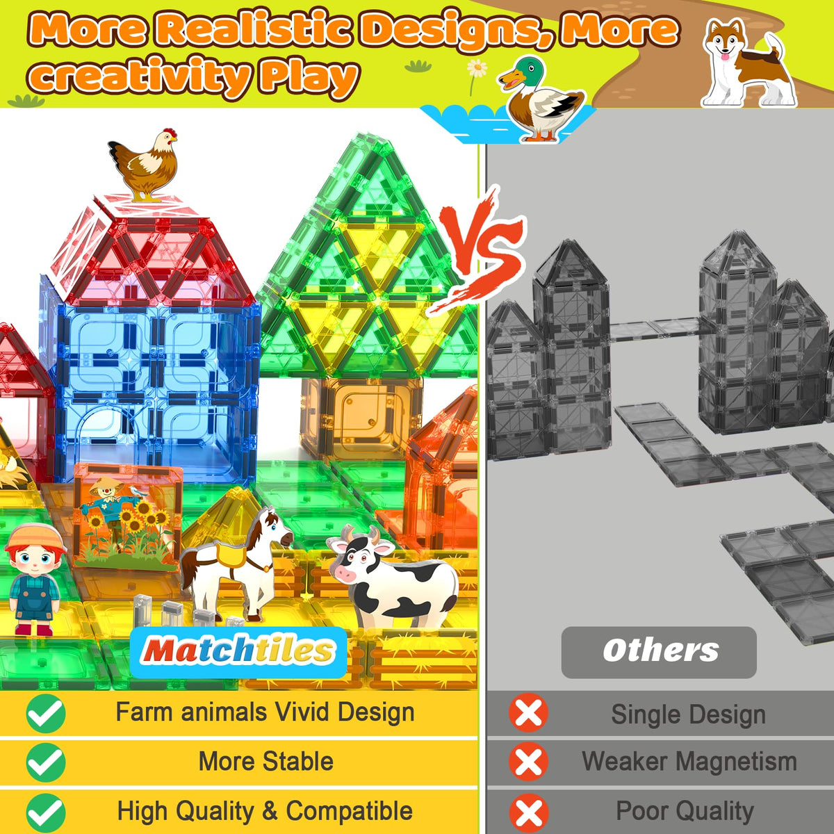 Matchtiles 105 PCS Magnetic Tiles — Farm Animals, STEM Building Toys for Kids 3+