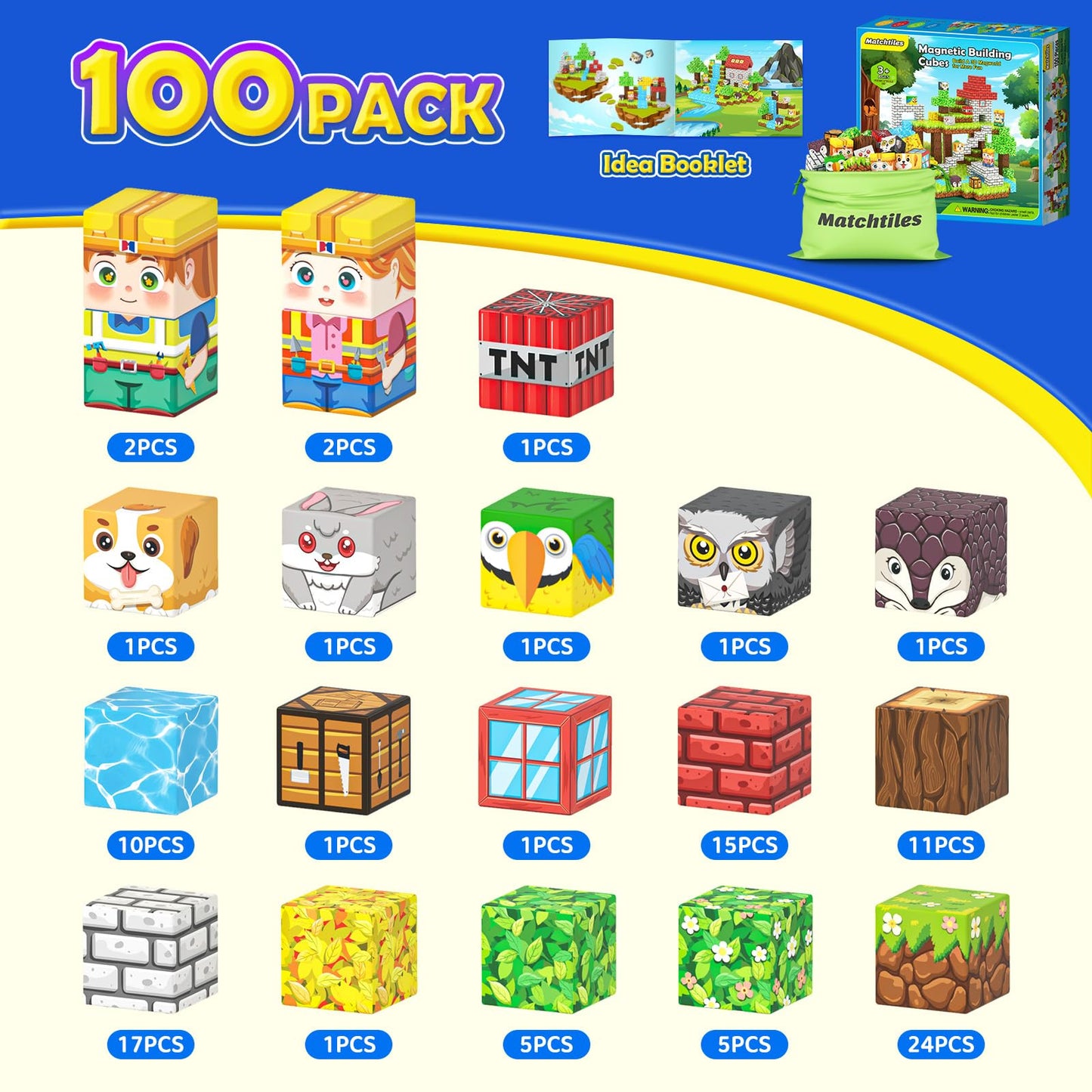 Matchtiles 100 PCS Magnetic Building Blocks – Mine World Forest Animals Set | STEM Toy for Kids Aged 3-8