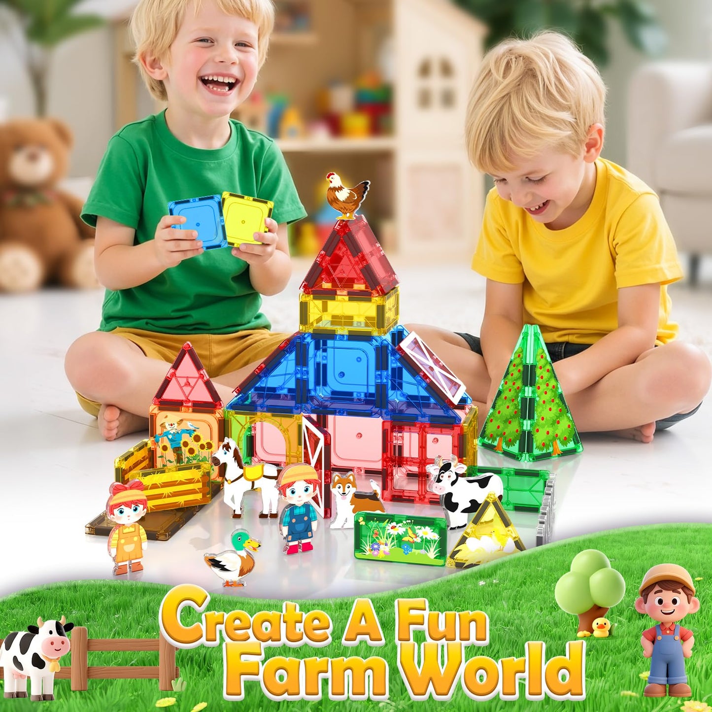 Matchtiles Magnetic Farm Animals Set – 3D Farm Building Blocks for Toddlers 3-5