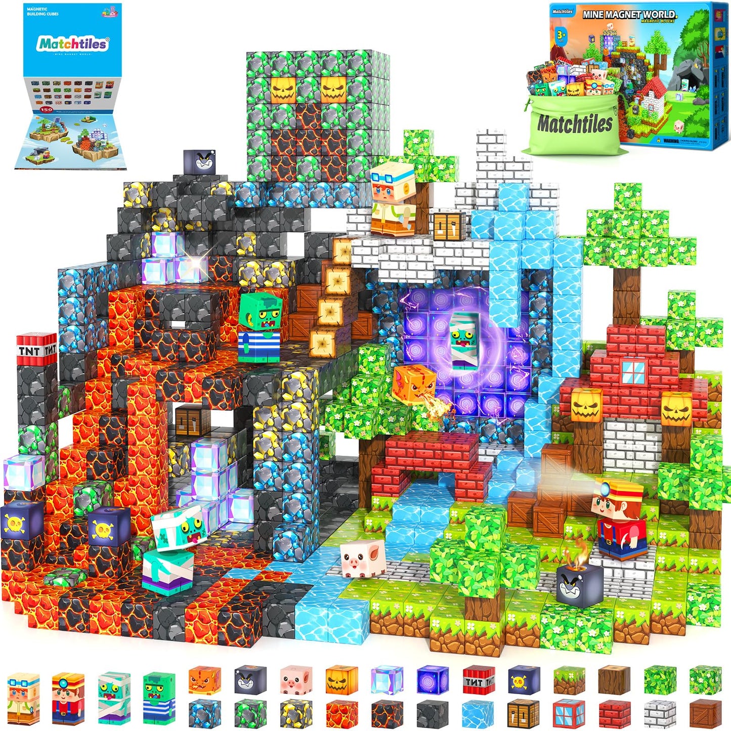 Matchtiles 150 PCS Magnetic Blocks Toys – Build Mine Magnet World Set for Kids 4-8 | STEM Montessori