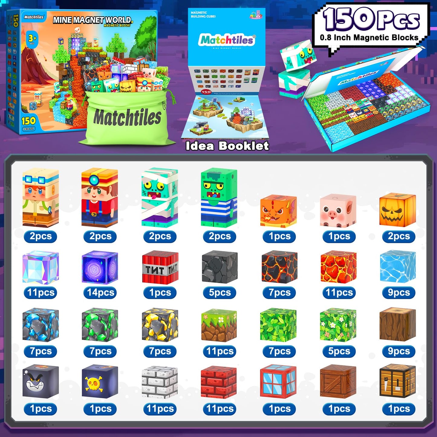 Matchtiles 150 PCS Magnetic Blocks Toys – Build Mine Magnet World Set for Kids 4-8 | STEM Montessori