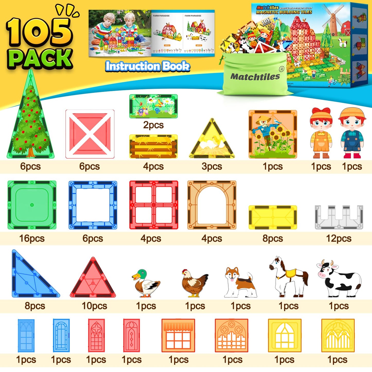 Matchtiles 105 PCS Magnetic Tiles — Farm Animals, STEM Building Toys for Kids 3+