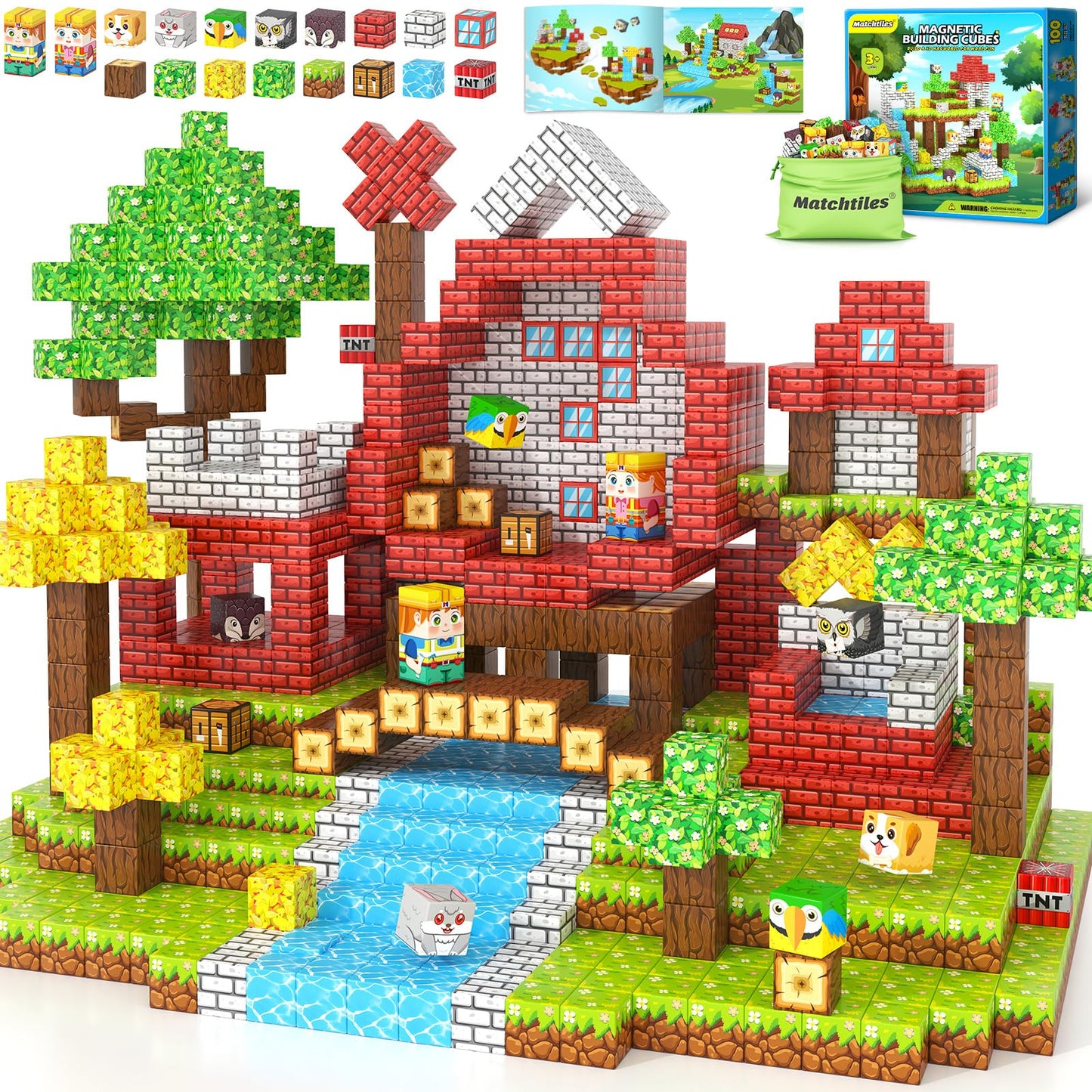 Matchtiles 100 PCS Magnetic Building Blocks – Mine World Forest Animals Set | STEM Toy for Kids Aged 3-8