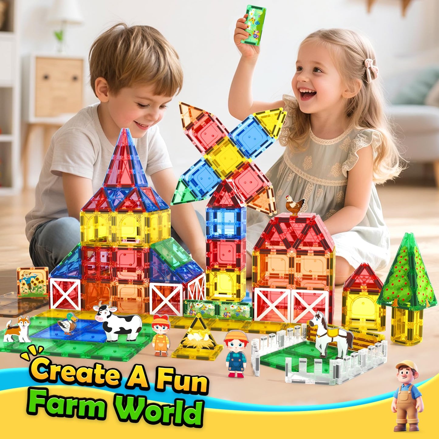 Matchtiles 105 PCS Magnetic Tiles — Farm Animals, STEM Building Toys for Kids 3+