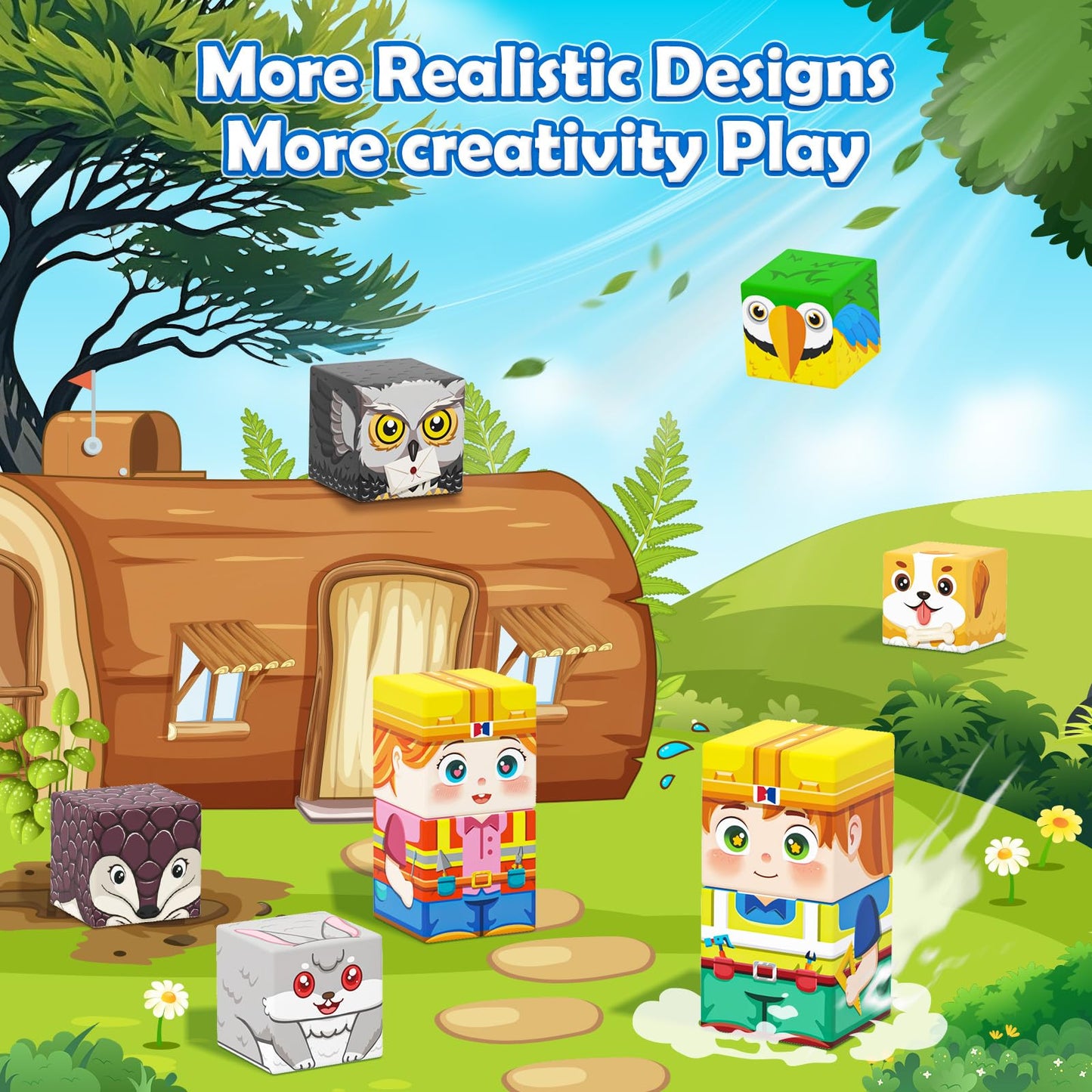 Matchtiles 100 PCS Magnetic Building Blocks – Mine World Forest Animals Set | STEM Toy for Kids Aged 3-8