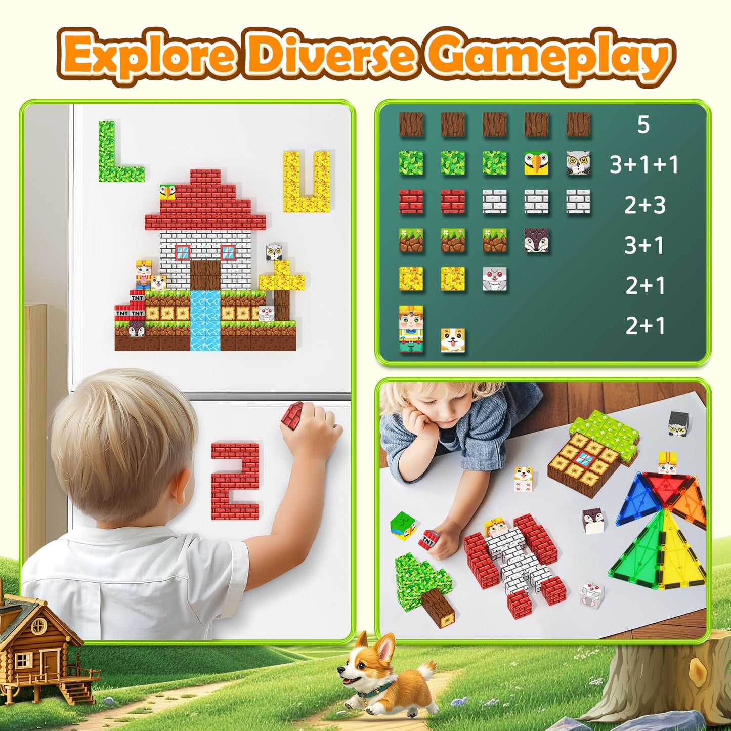 Matchtiles 100 PCS Magnetic Building Blocks – Mine World Forest Animals Set | STEM Toy for Kids Aged 3-8