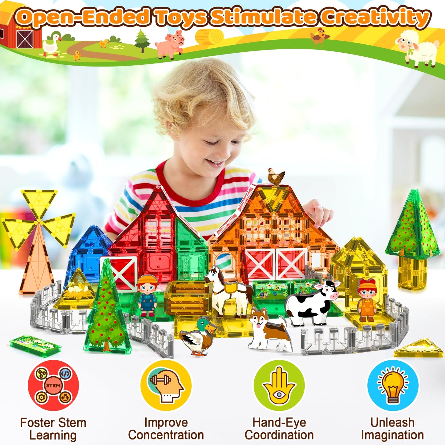 Matchtiles 105 PCS Magnetic Tiles — Farm Animals, STEM Building Toys for Kids 3+