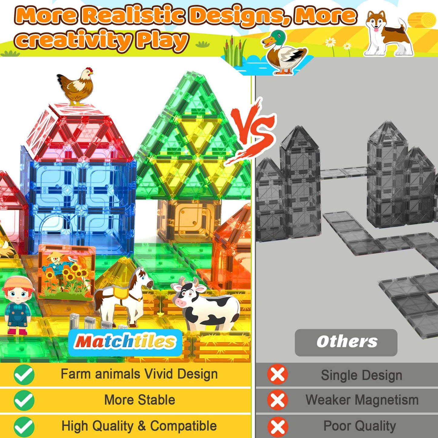 Matchtiles Magnetic Farm Animals Set – 3D Farm Building Blocks for Toddlers 3-5