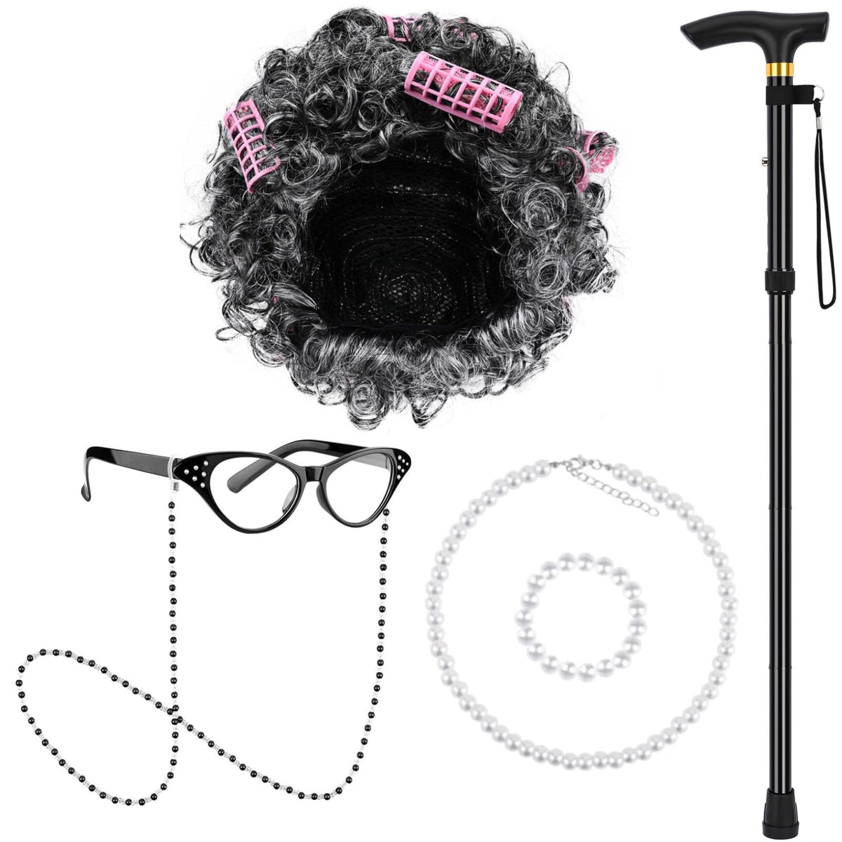 Matiniy 8-Piece Granny Cosplay Accessories Set – Wig, Glasses, Necklace, Bracelet, Chain & Cane