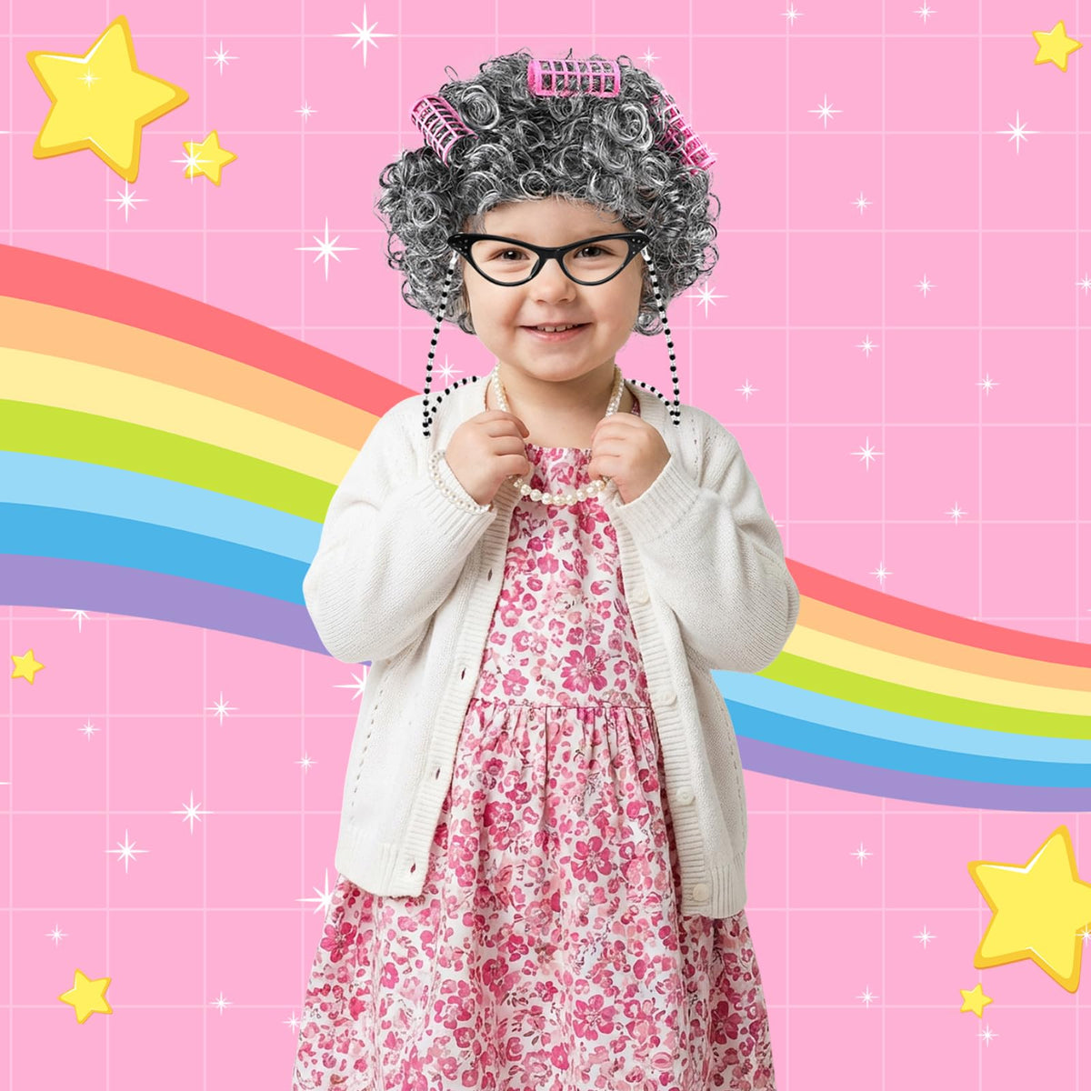 Matiniy 8-Piece Granny Cosplay Accessories Set – Wig, Glasses, Necklace, Bracelet, Chain & Cane