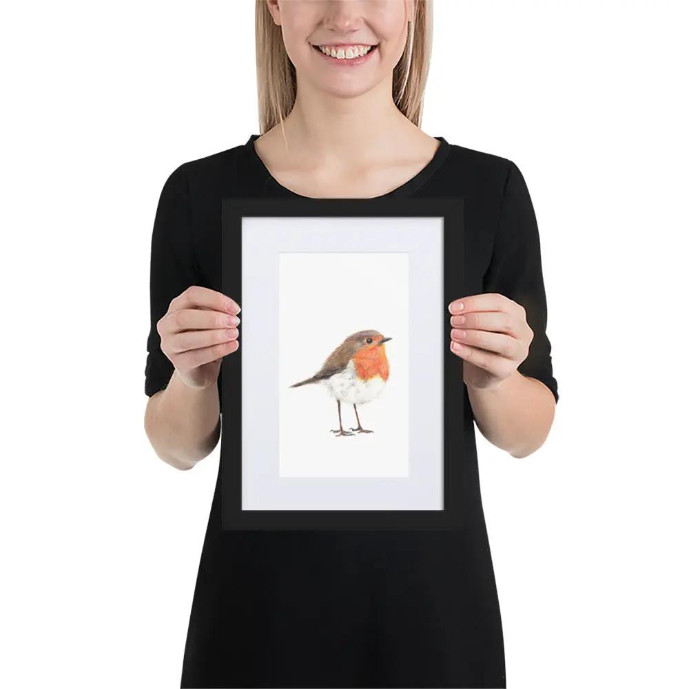 Robin Framed with Mat Artwork Print – Wildlife Wall Art (A4)