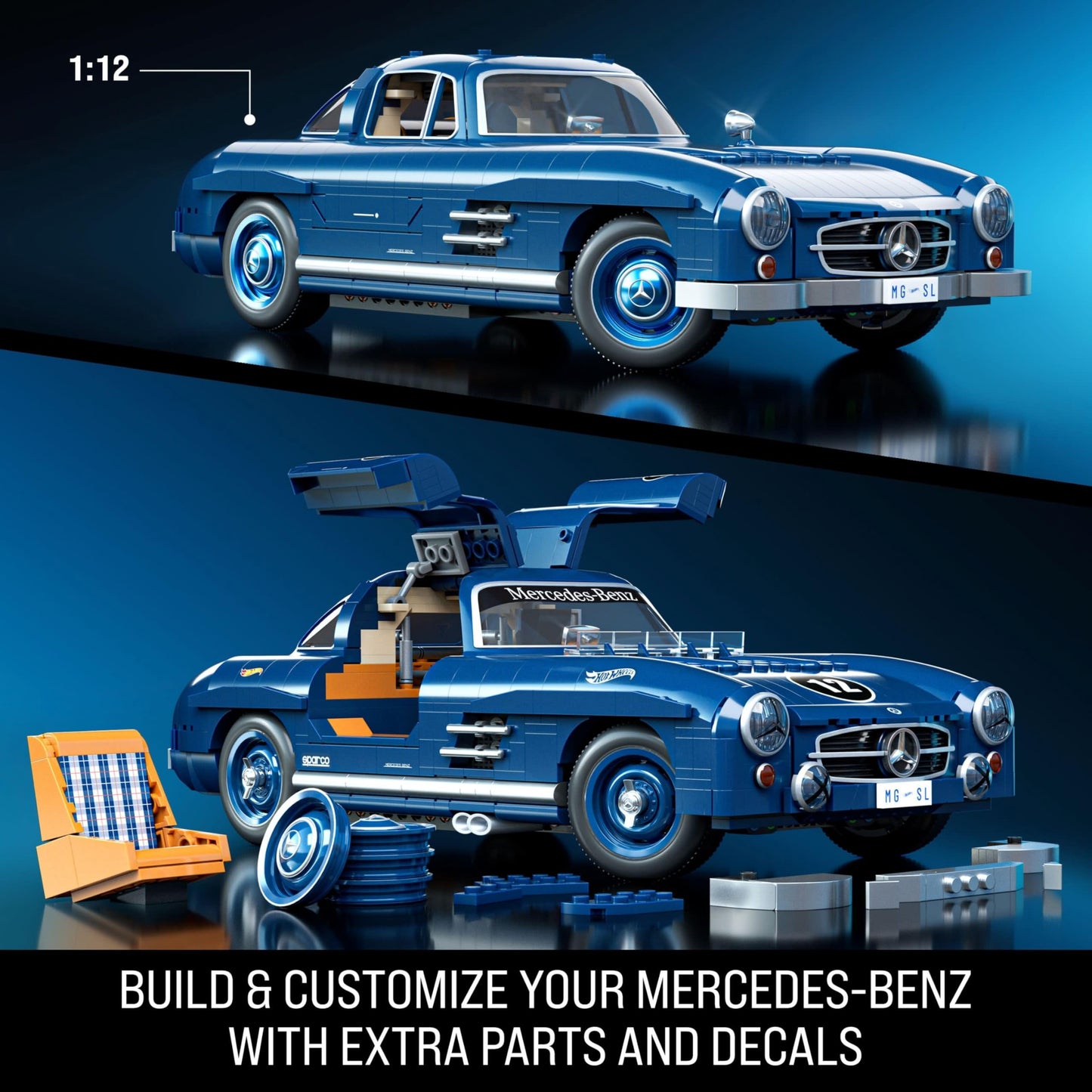 Mattel Brick Shop Hot Wheels Premium Series: Mercedes-Benz 300 SL 1:12 Build Set, 1600 Pieces