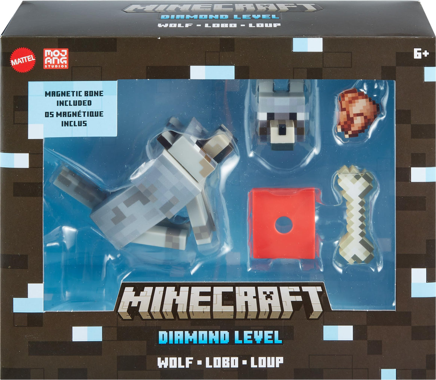 Mattel Minecraft Diamond Level Wolf Figure – 5.5-Inch Collectible with Diamond Accessories
