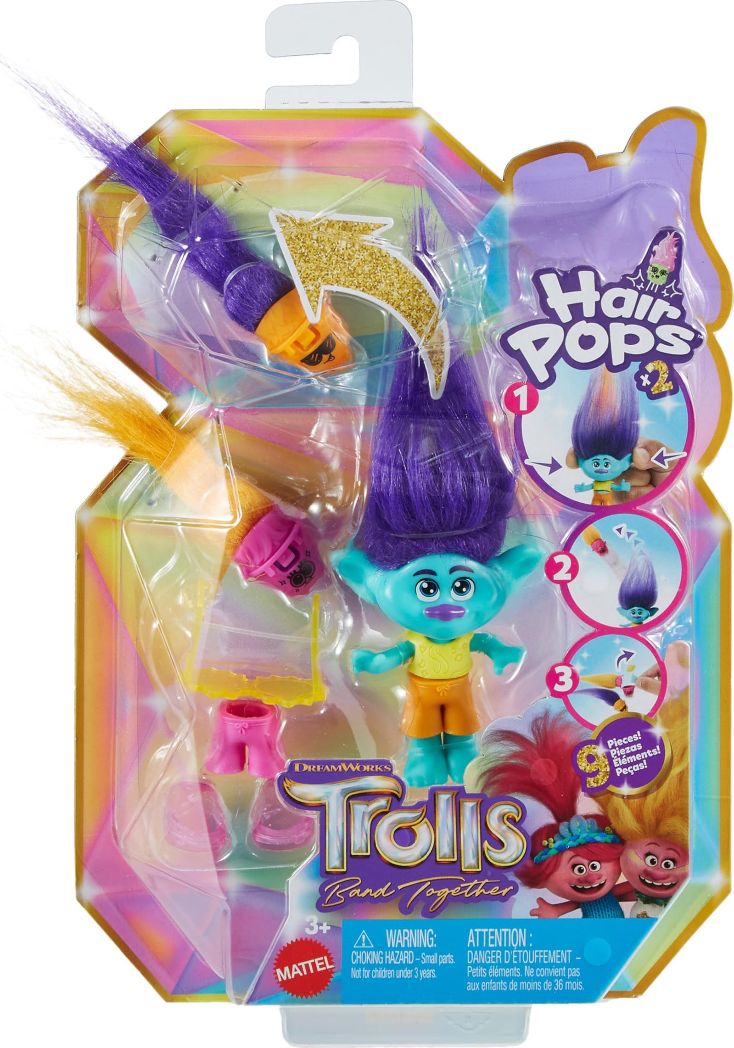 Mattel DreamWorks Trolls Hair Pops Branch – Small Doll with Removable Clothes & 3 Surprise Accessories