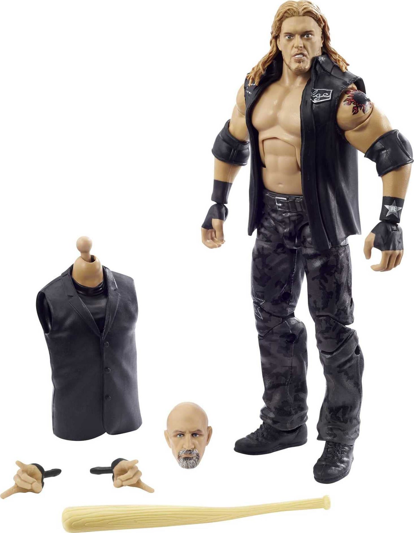 Mattel WWE WrestleMania 37 Edge Elite Action Figure — 6-Inch with Entrance Vest, Bat, and Build-A-Figure Paul Ellering & Rocco Pieces
