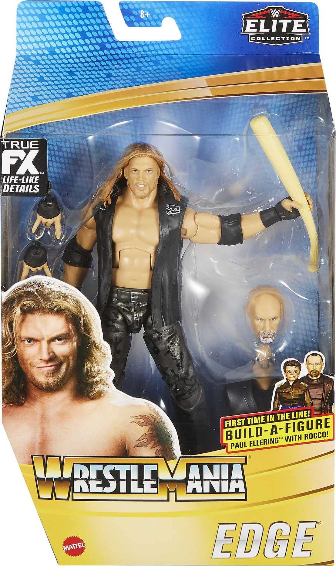 Mattel WWE WrestleMania 37 Edge Elite Action Figure — 6-Inch with Entrance Vest, Bat, and Build-A-Figure Paul Ellering & Rocco Pieces