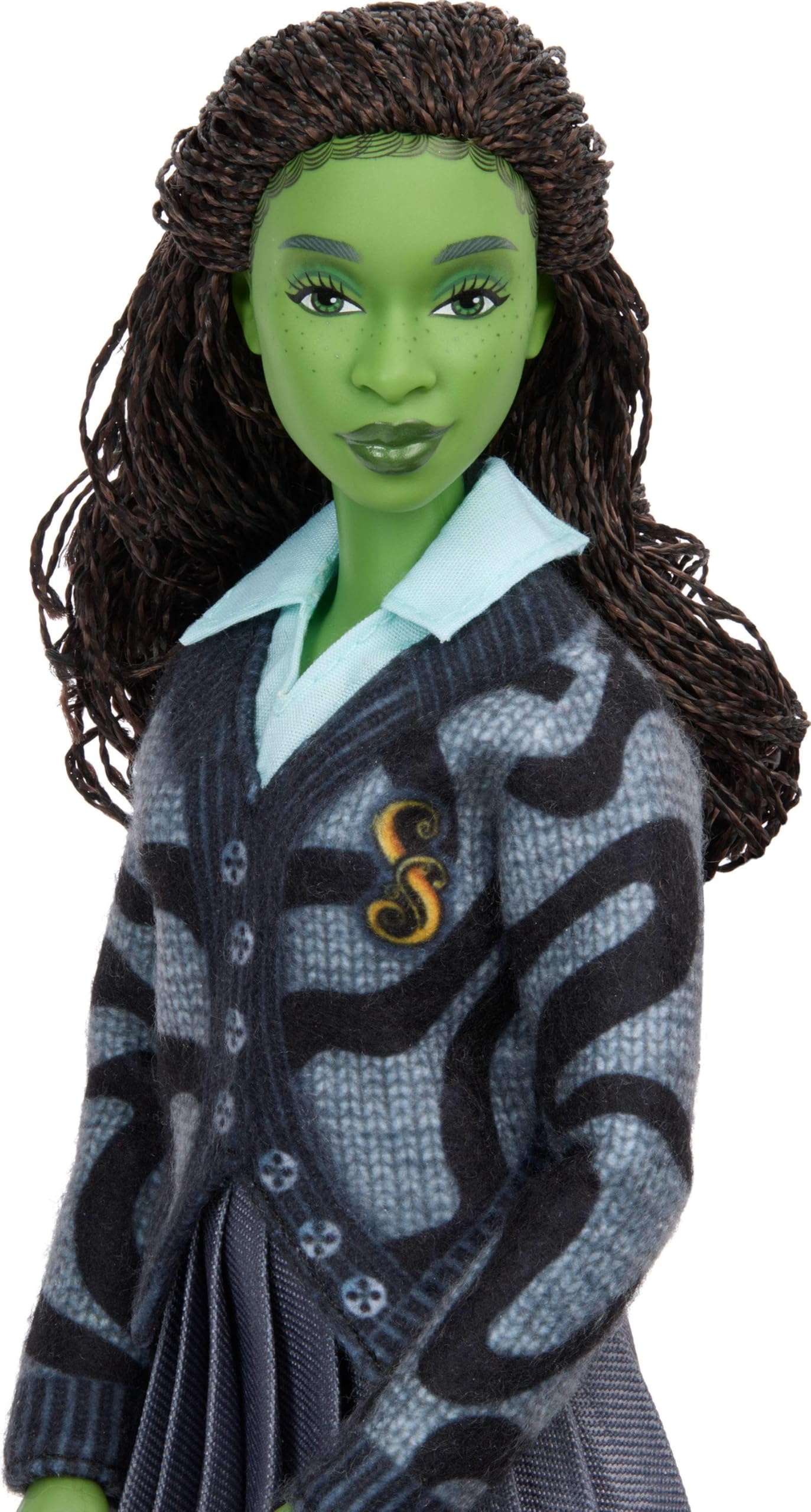 Mattel Universal Wicked Elphaba Fashion Doll – Green Skin, Braided Hair, Removable School Uniform