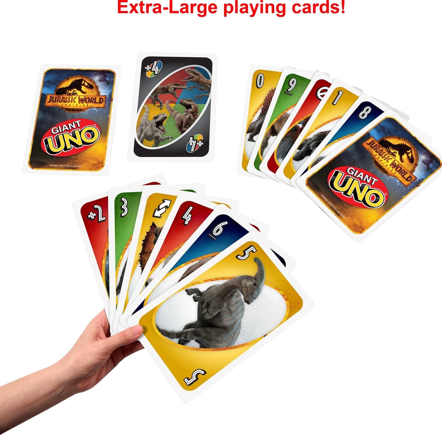Mattel Games Giant UNO Jurassic World Dominion Card Game – Oversized Cards for 2–10 Players, Ages 7+